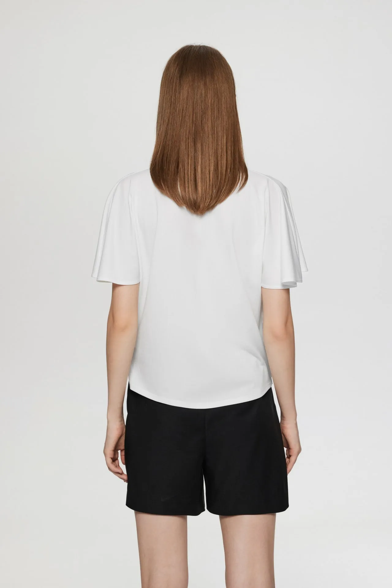 Bailey Stretchable Crepe Knit V Neck Top with Flare Sleeves